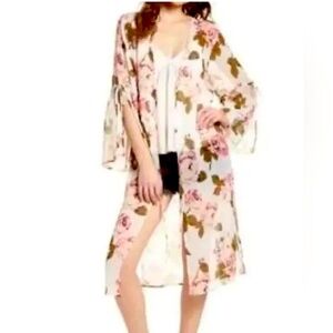 BAND OF GYPSIES Sz L Sheer Open Front Floral Kimono Duster with Tie Side Slit